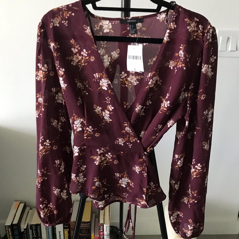 Forever 21 Burgundy Floral Print Wrap Top